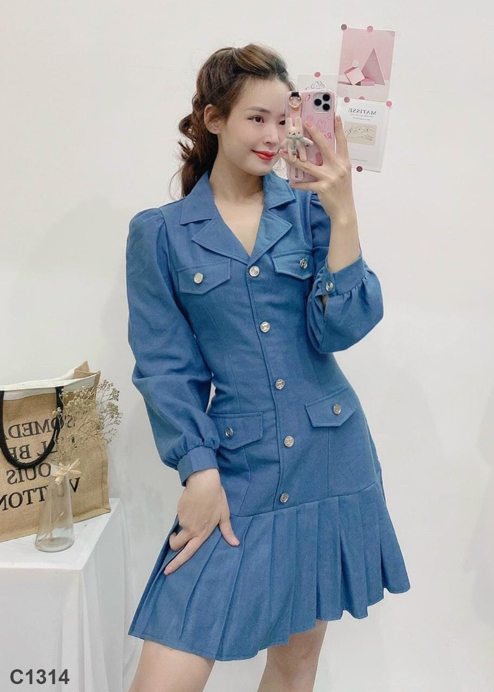 Đầm vest nút xanh C1314