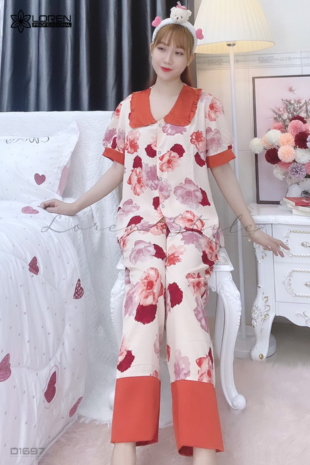 Đồ ngủ pijama tay ngắn quần dài cam D1697