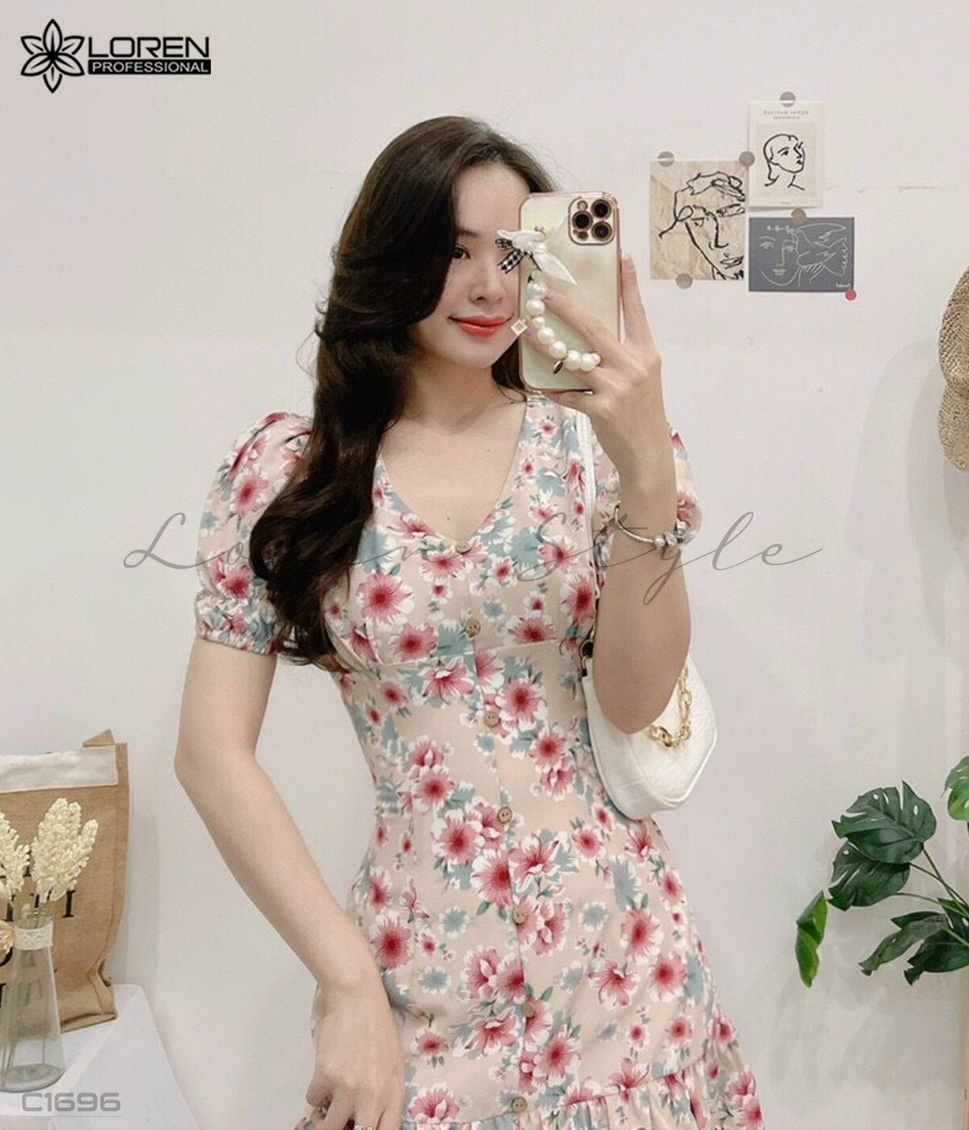 Đầm xòe hoa nhí kem C1696