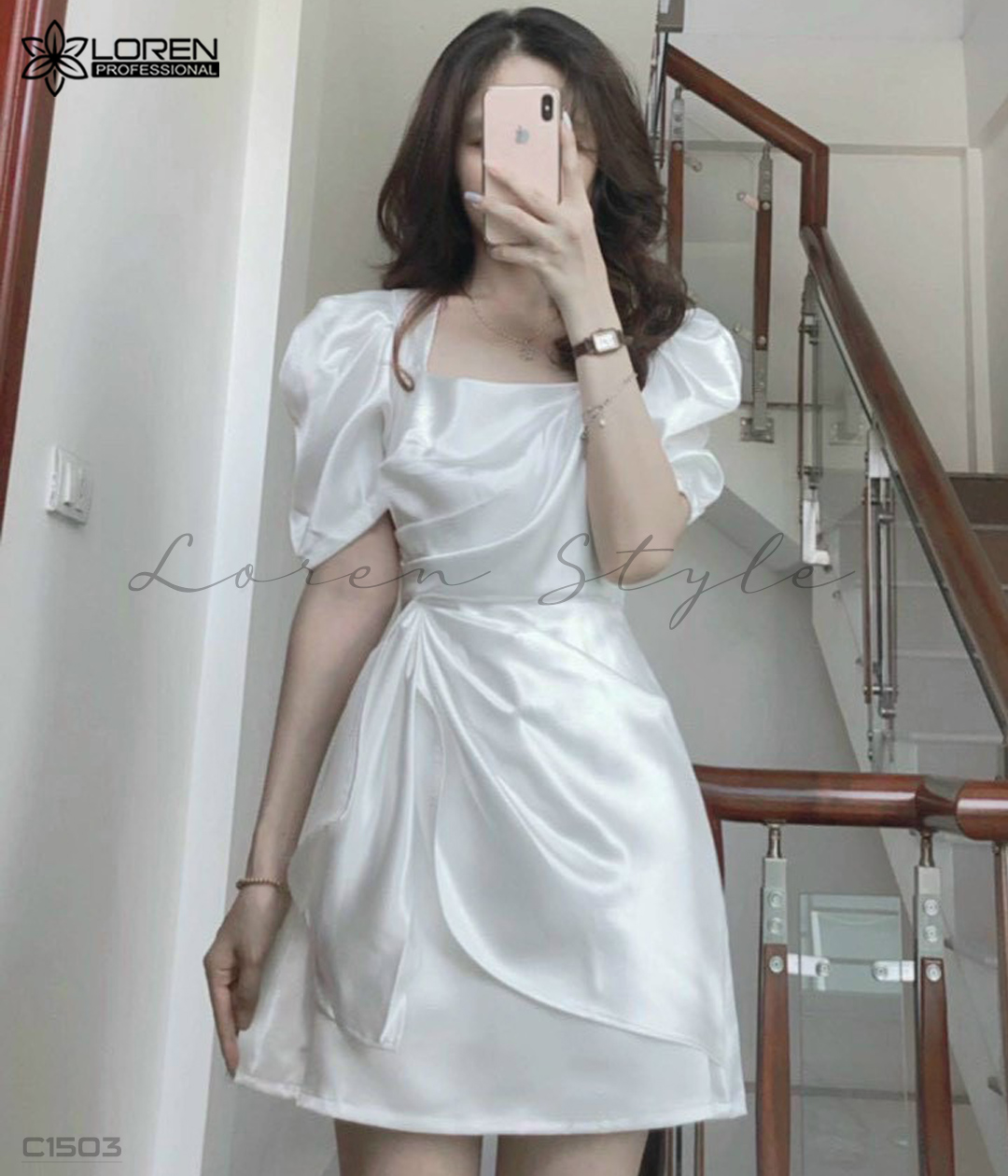 Đầm cổ u vạt xéo trắng C1503