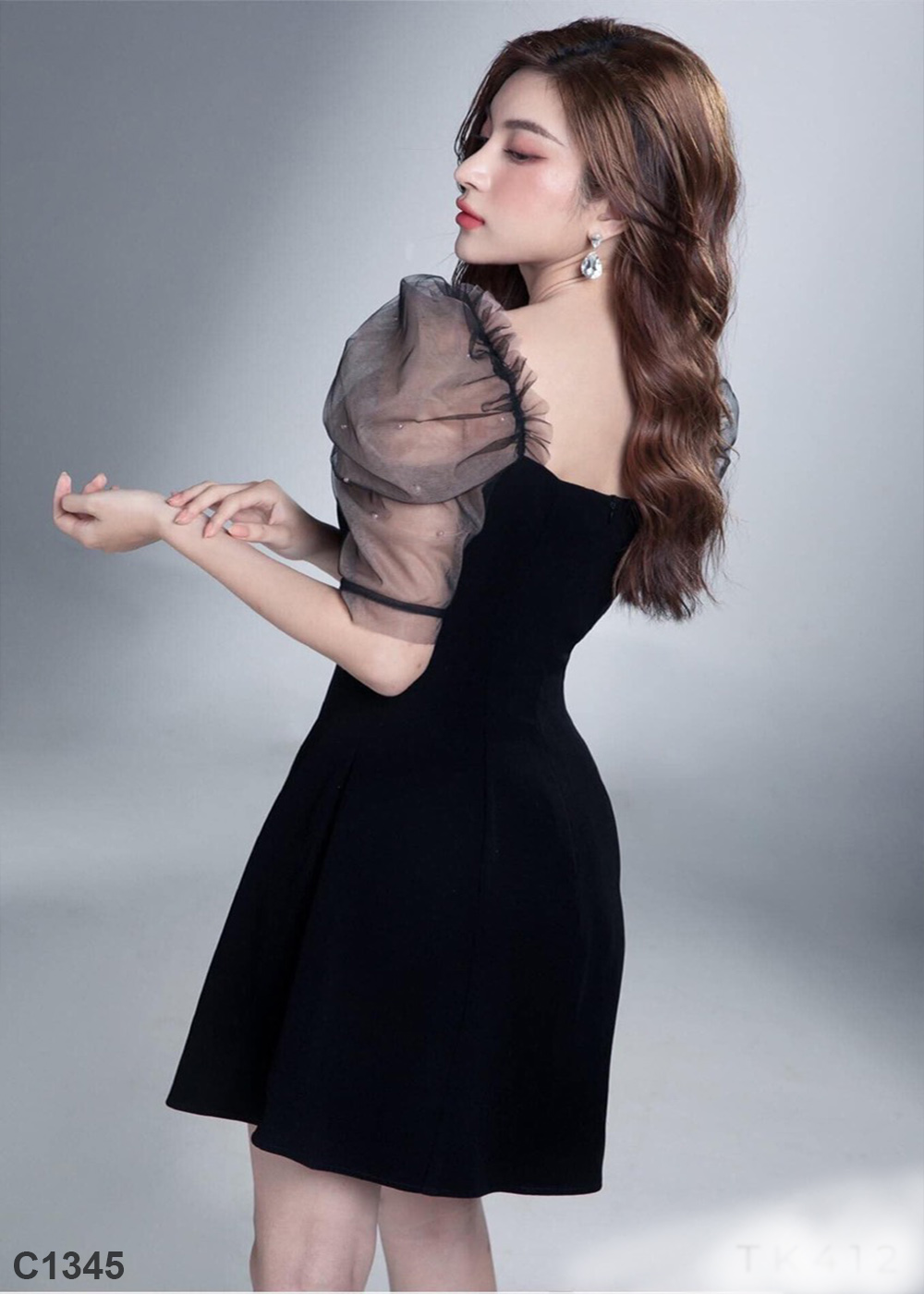Đầm xòe phối lưới đen C1345