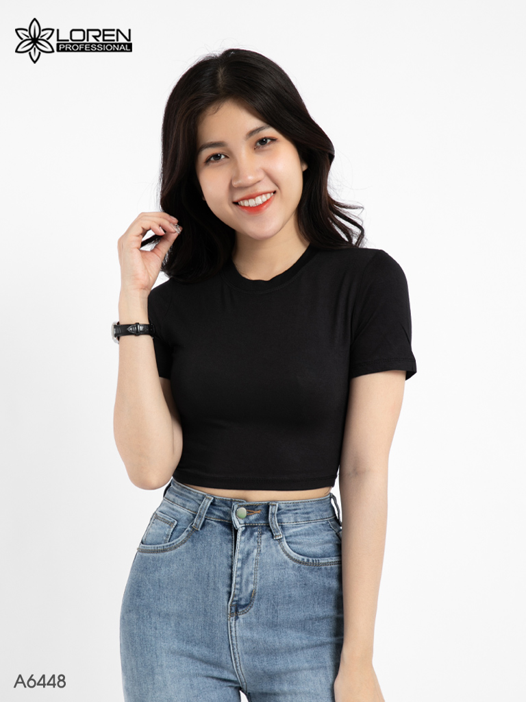 Áo croptop cổ tròn tay ngắn đen A6448