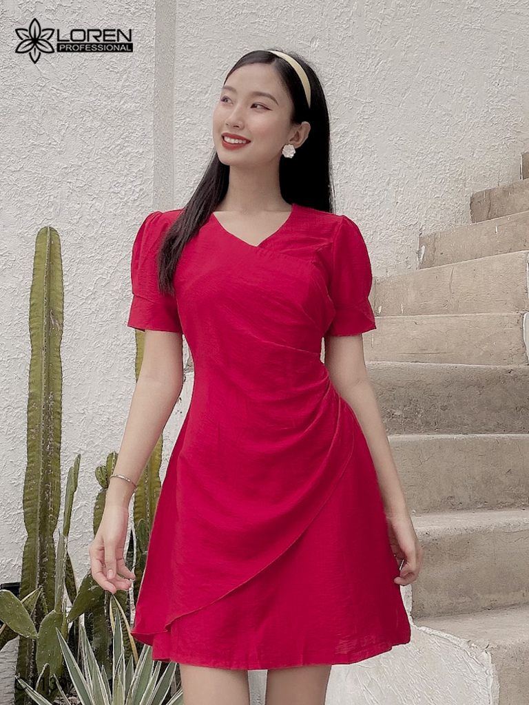 Đầm LOREN xòe cổ chéo đỏ C1139