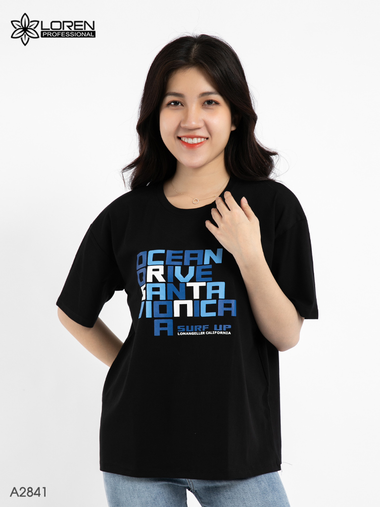 Áo thun nữ LOREN cổ tròn in chữ đen A2841
