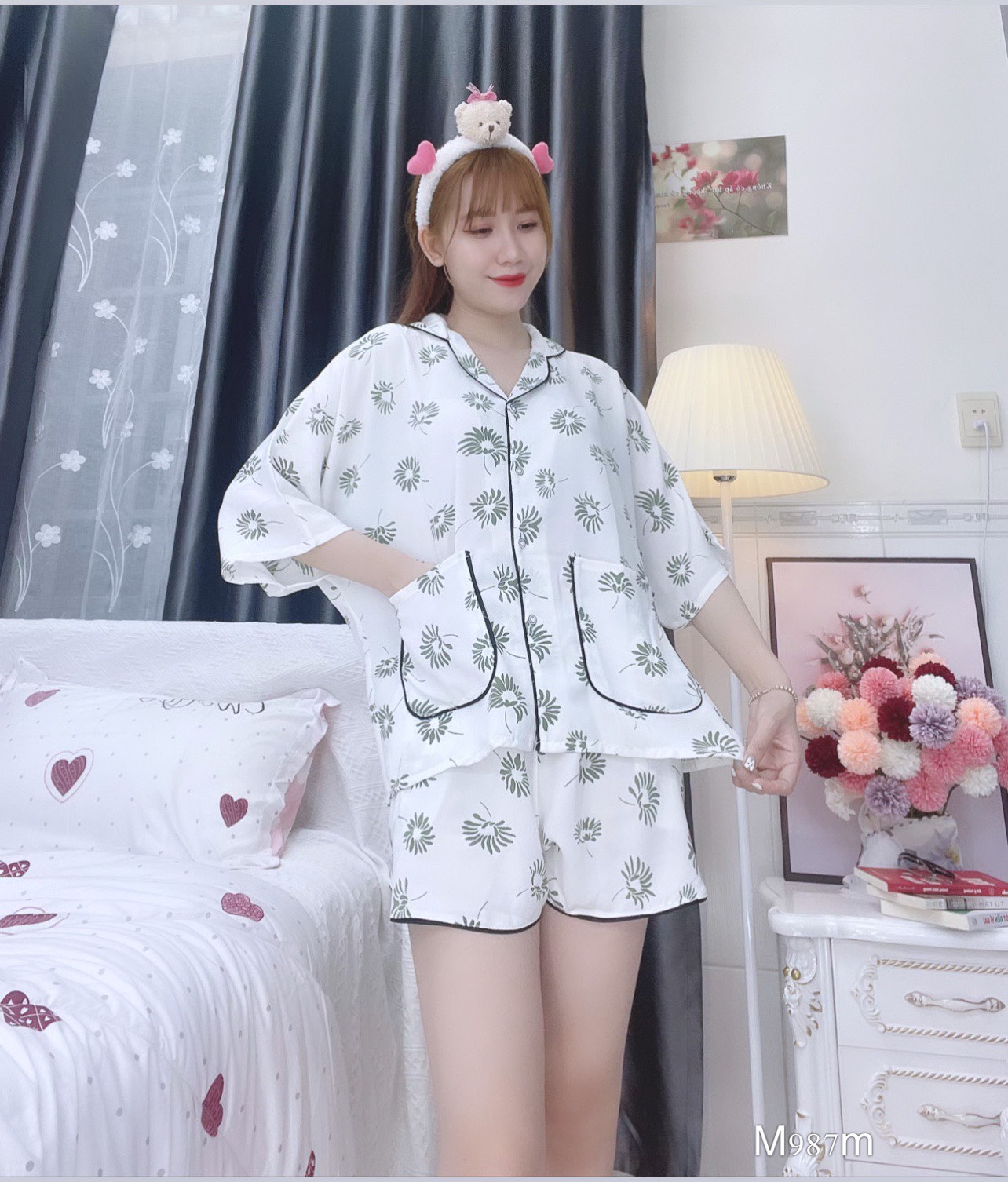 Đồ ngủ pijama ngắn phối màu trắng D1727