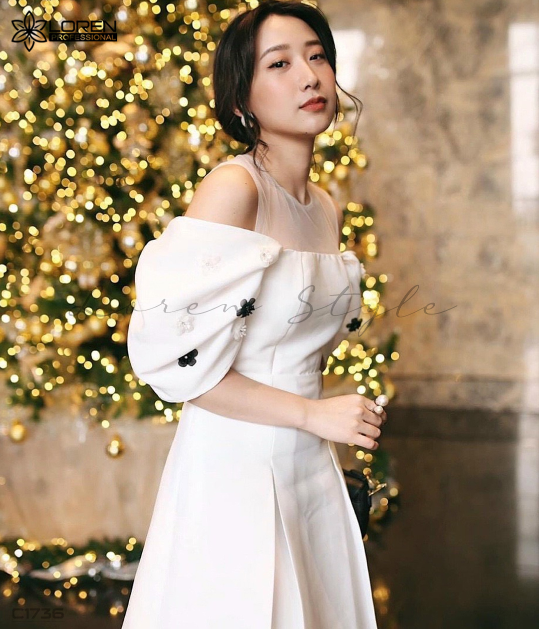 Đầm xòe phối tay phồng hoa trắng C1736