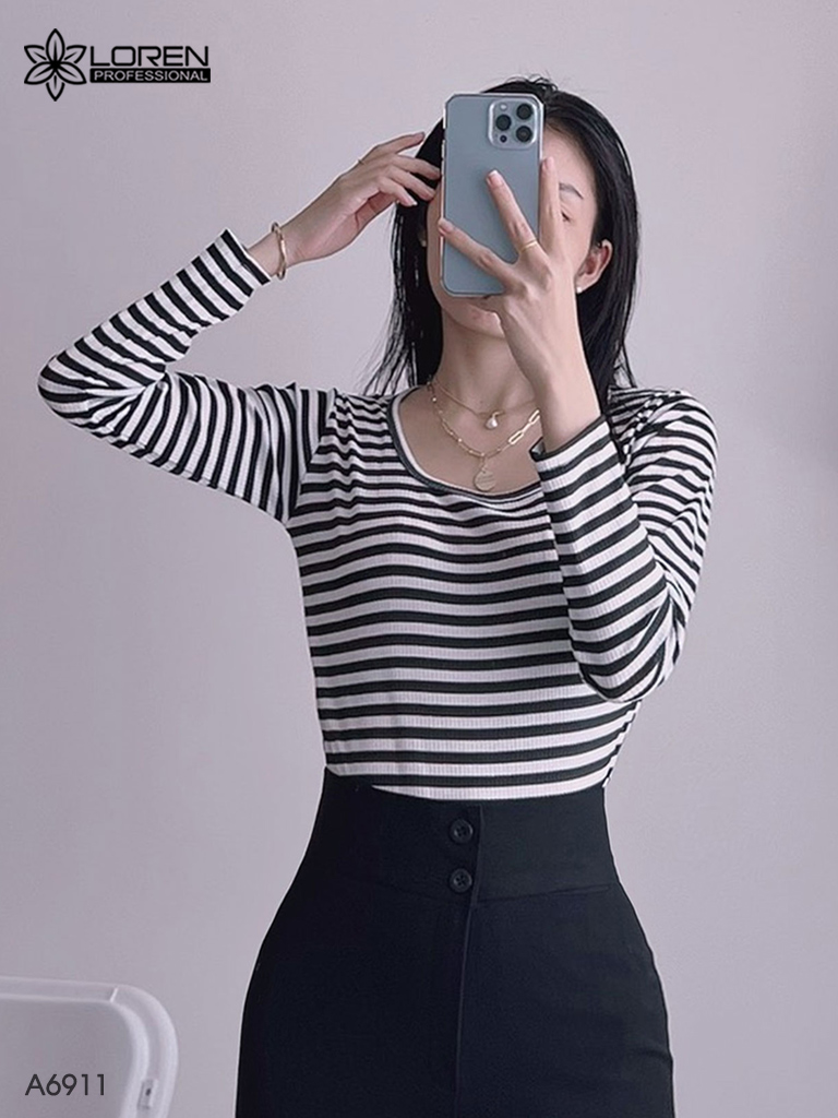Áo kiểu nữ loren sọc đen tay dài cổ vuông A6911