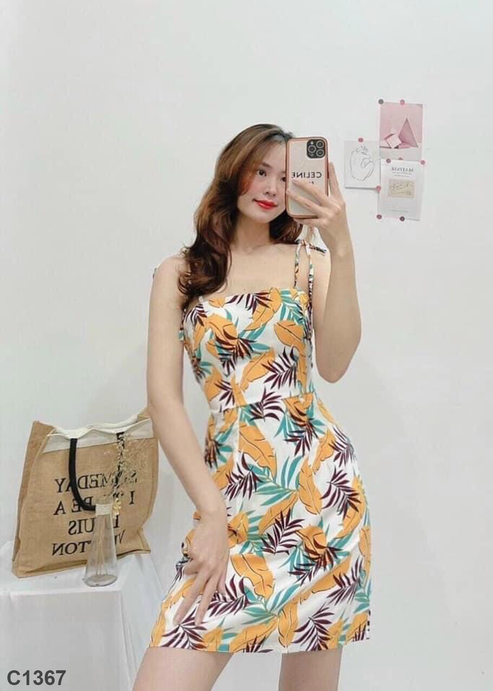 Đầm 2 dây lụa hoa C1367