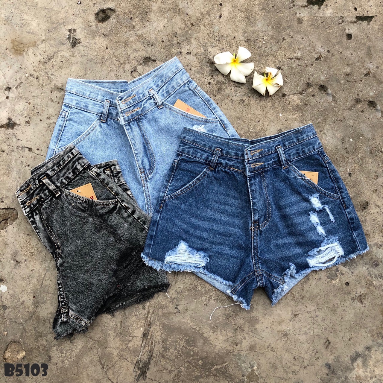 Quần jean short rách tua xanh B5103