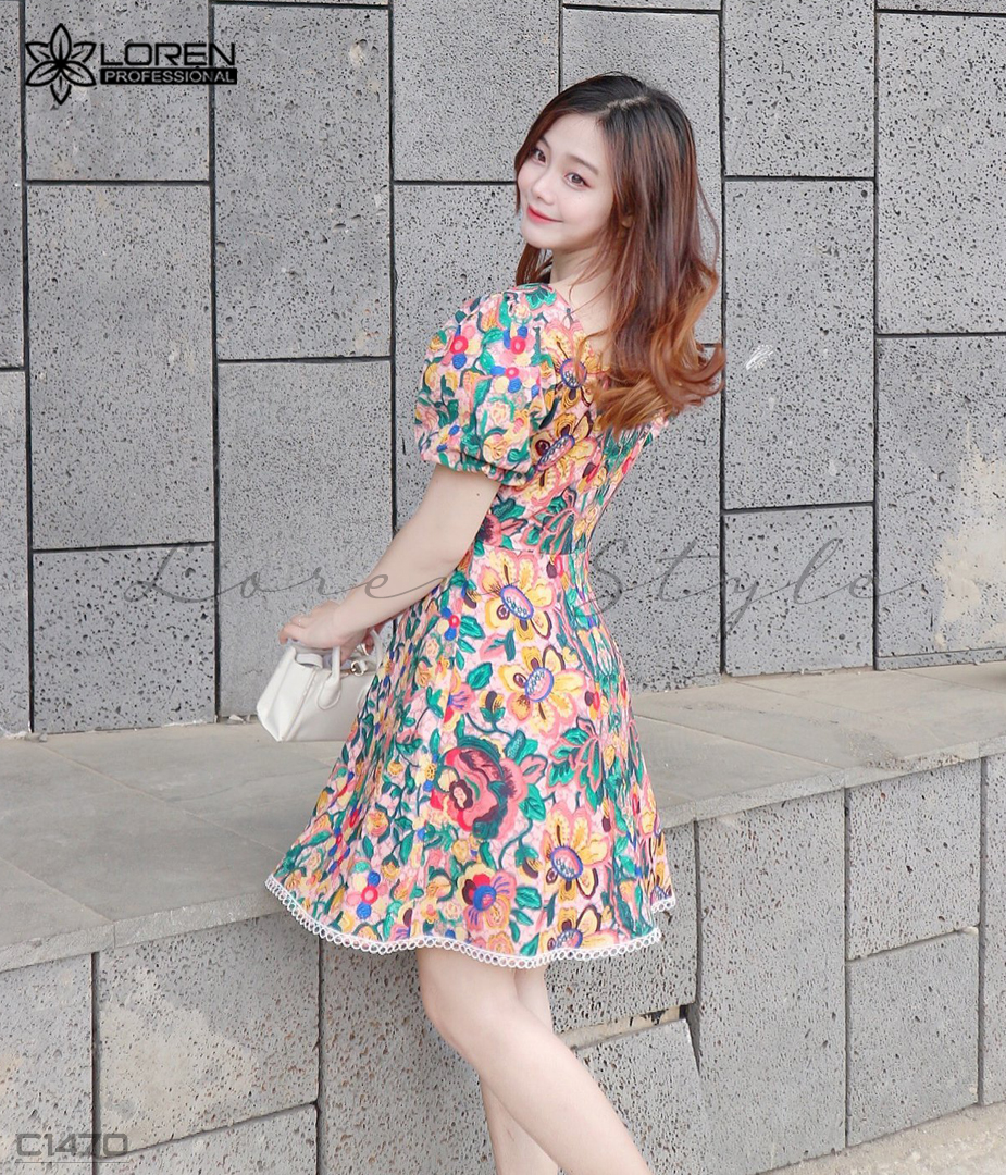 Đầm lụa hoa viền ren C1470