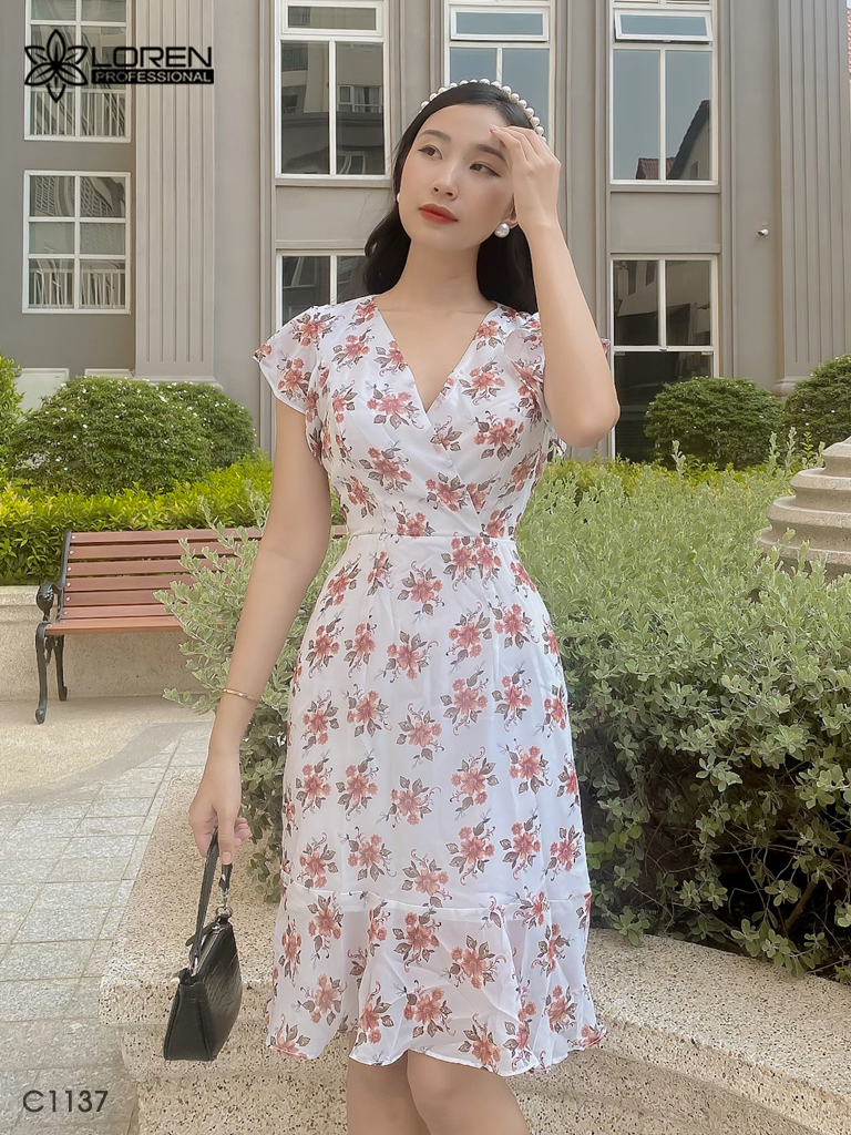 Đầm LOREN hoa xòe trắng C1137