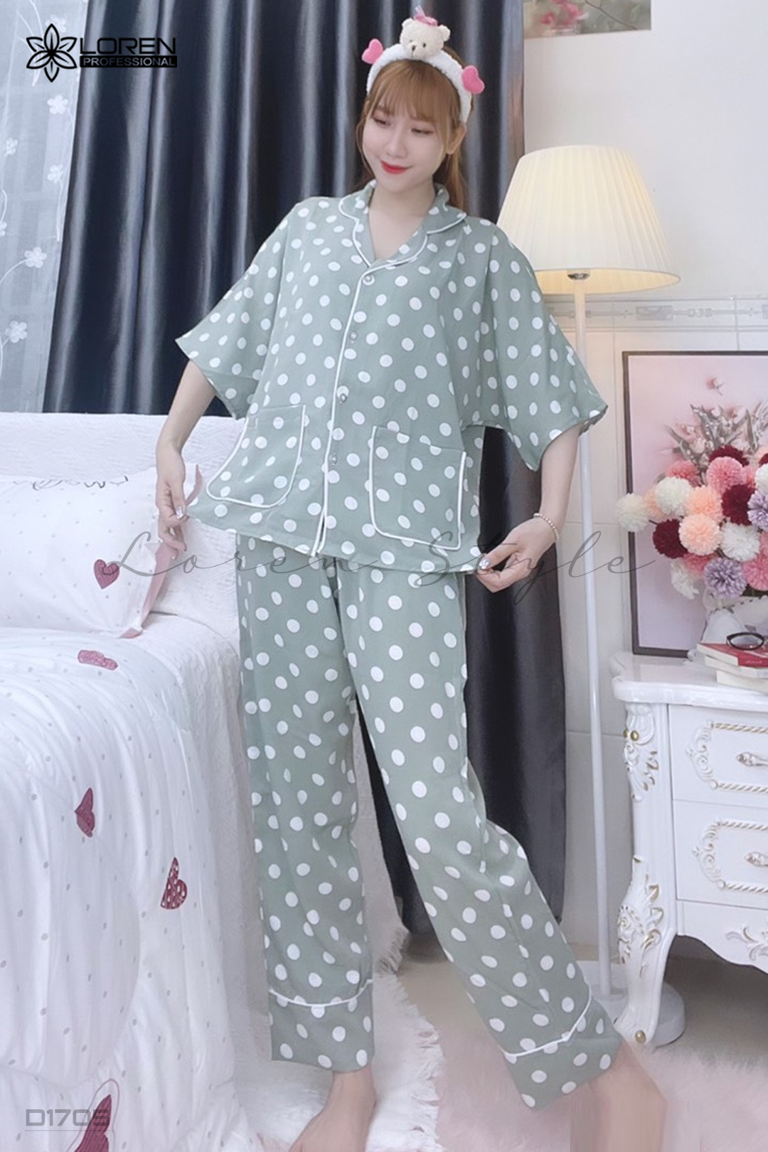 Đồ ngủ pijama tay ngắn quần dài xanh D1705