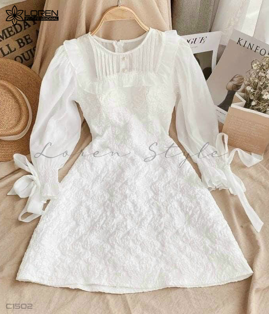 Đầm gấm phối tay voan trắng C1502