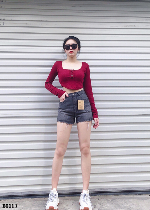 Quần jean short kiểu túi tua xám B5113