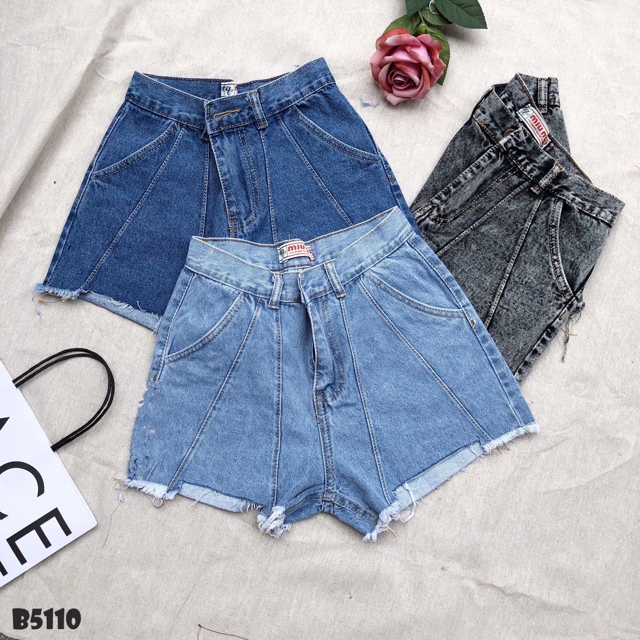 Quần jean short xếp ly tua xám B5110