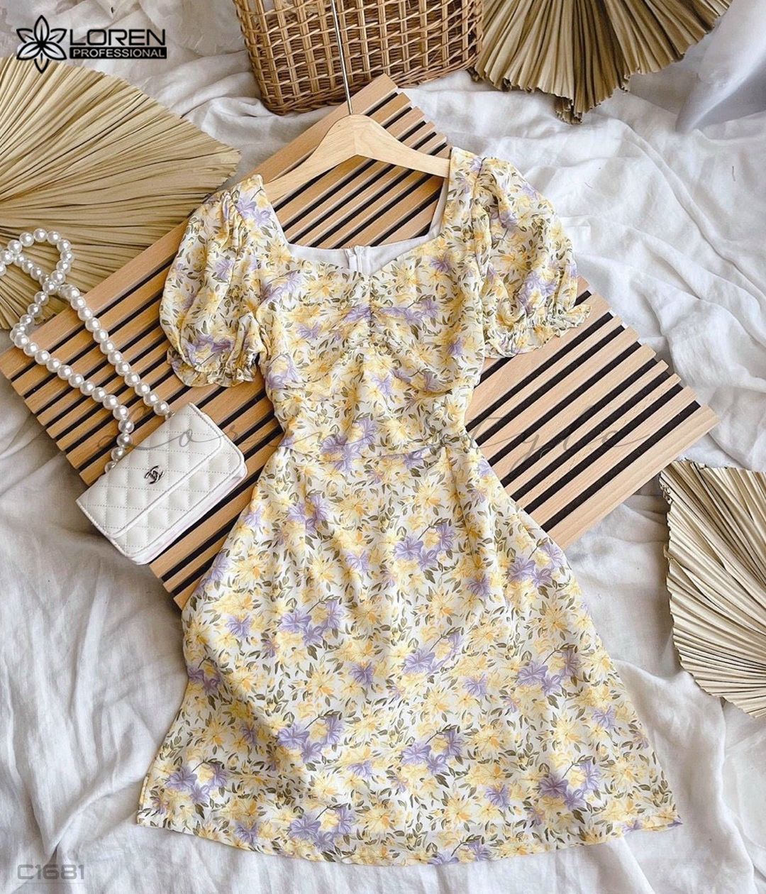 Đầm hoa nhún ngực vàng C1681