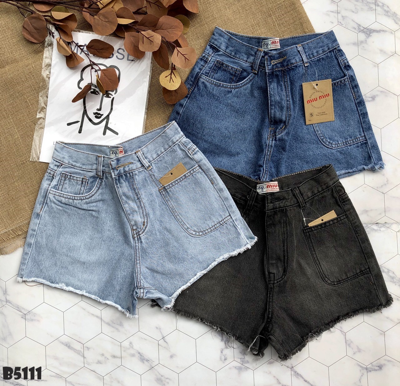 Quần jean short kiểu túi tua xanh B5111