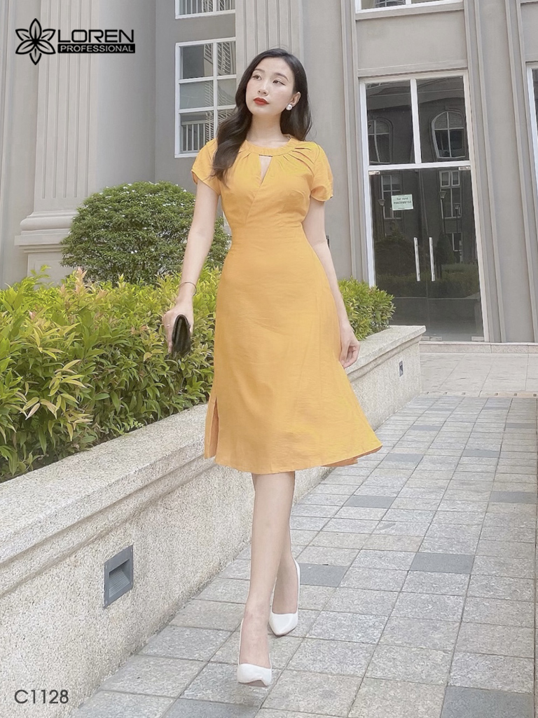 Đầm LOREN xòe cổ tròn vàng C1128