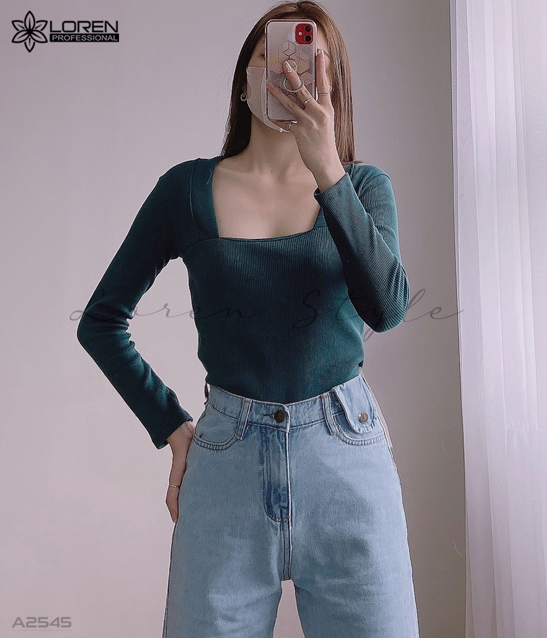 Áo thun tay dài cổ vuông xanh A2545