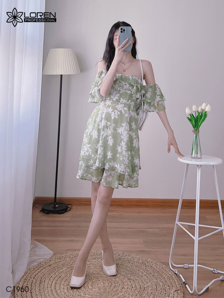 Đầm hoa nữ LOREN bẹt vại xanh bơ C1960