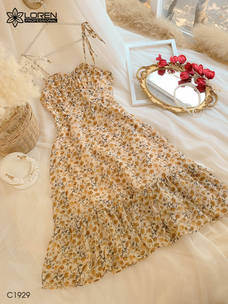 Đầm maxi LOREN hoa đuôi cá cột vai C1929
