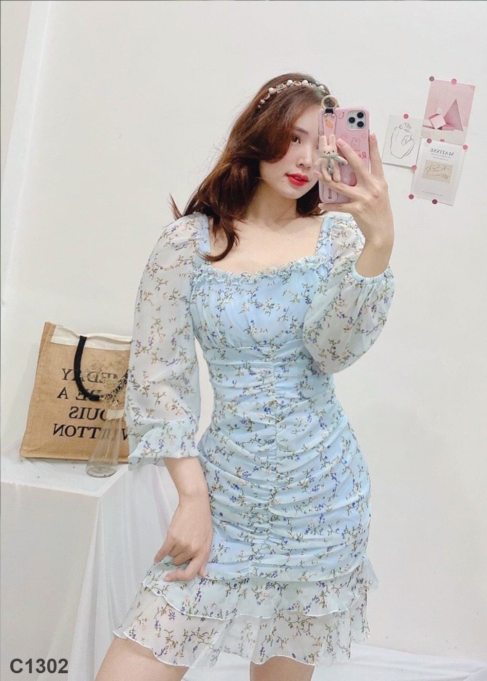 Đầm Hoa bèo tay xanh C1302
