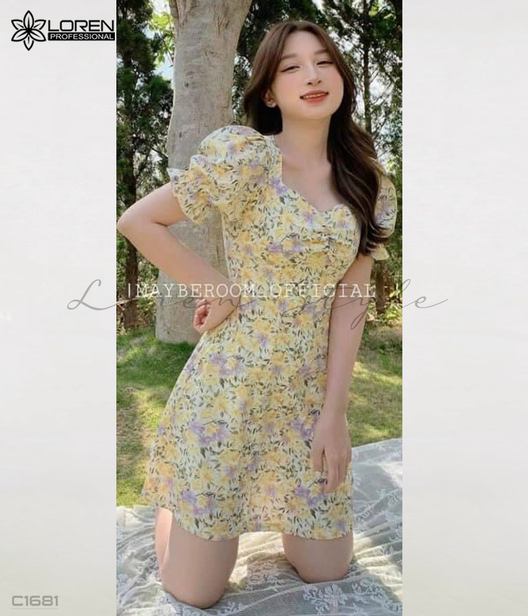 Đầm hoa nhún ngực vàng C1681