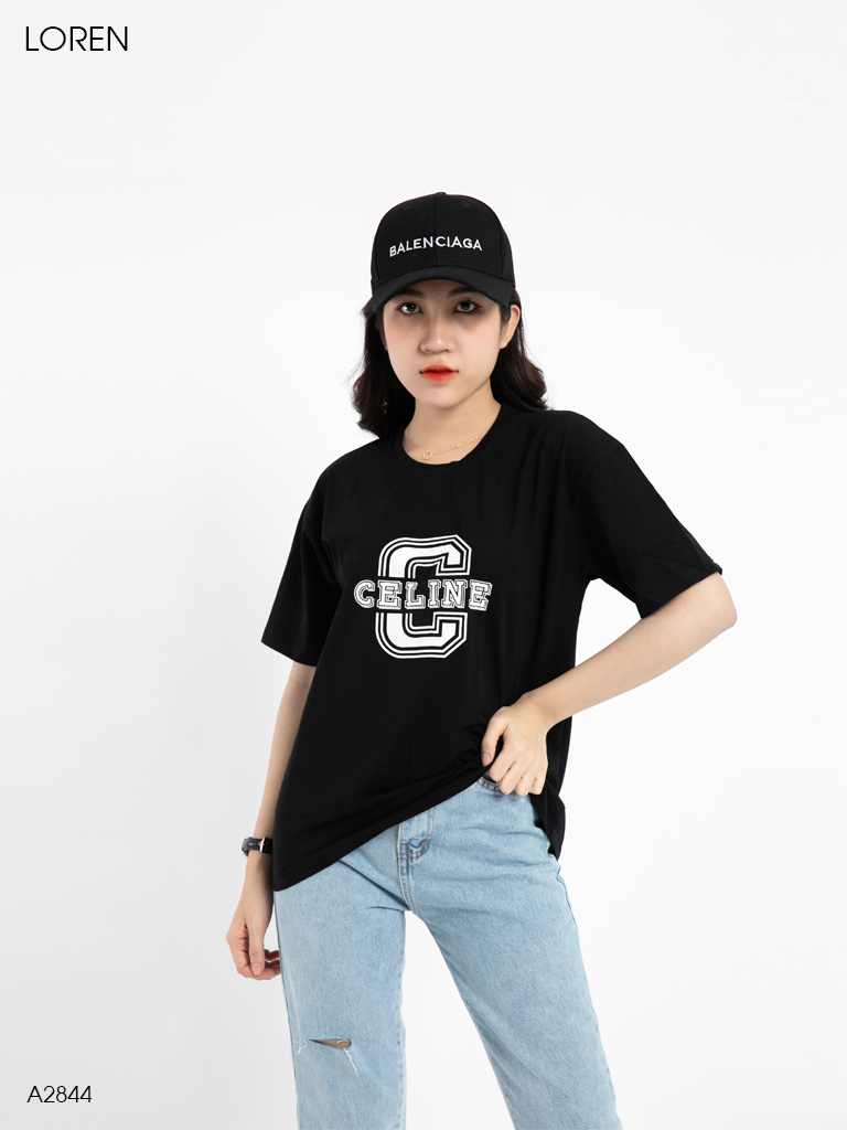 Áo thun nữ LOREN cổ tròn in chữ đen A2844