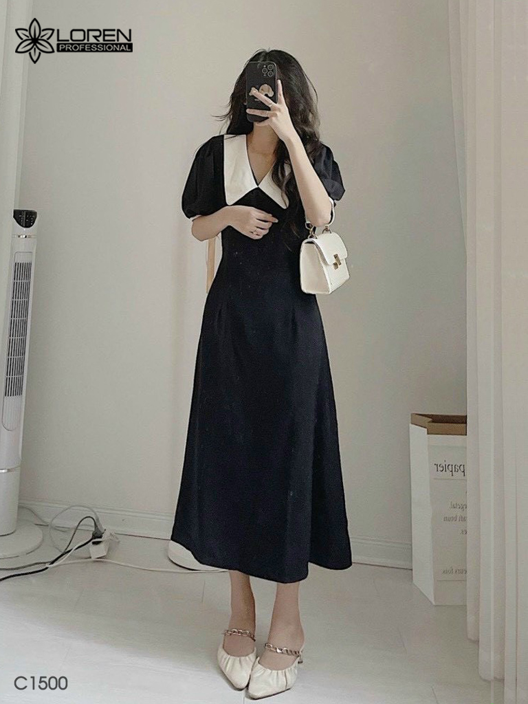 Đầm midi đen cổ peter trắng C1500