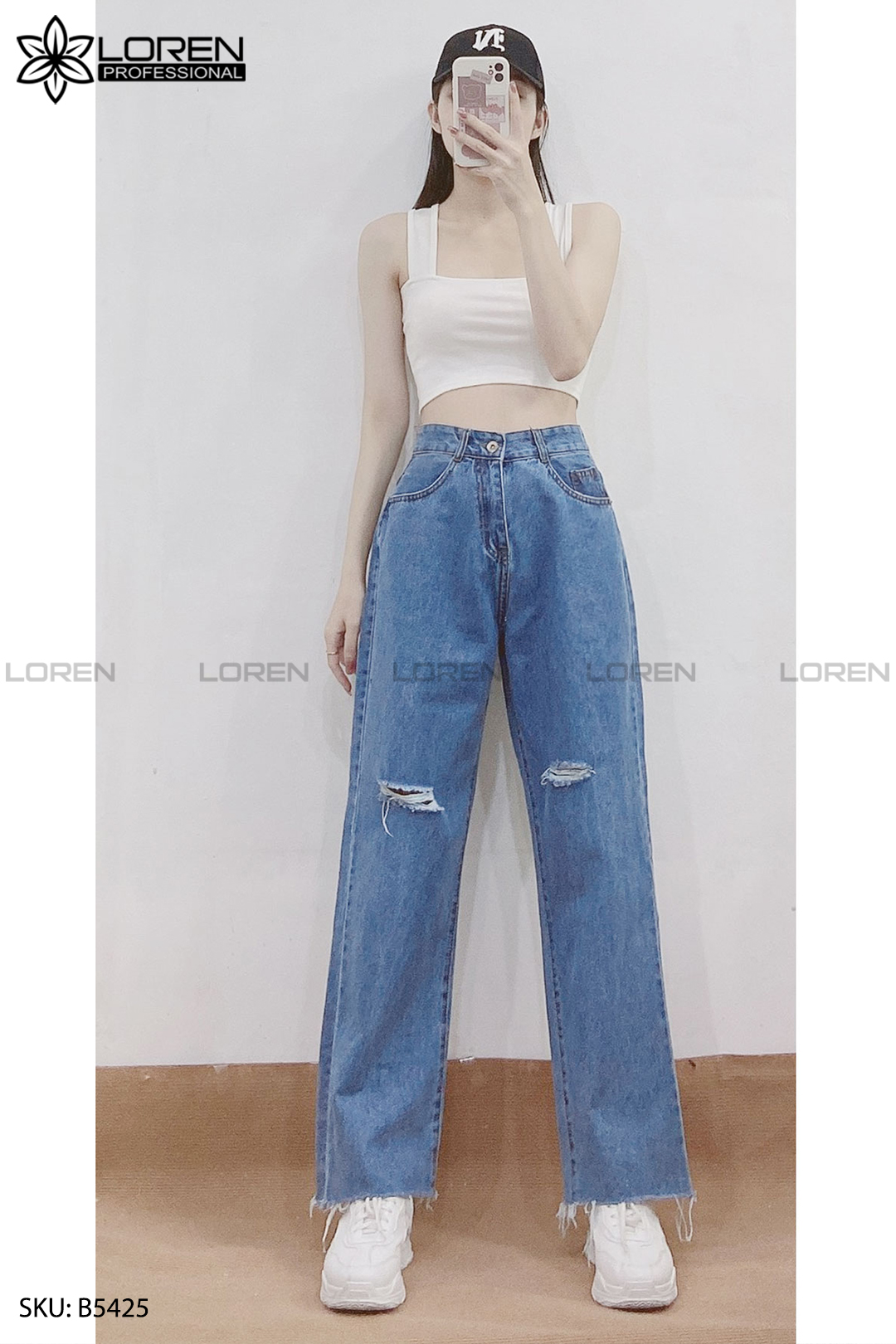 Quần jean ống rộng LOREN rách tua xanh B5425