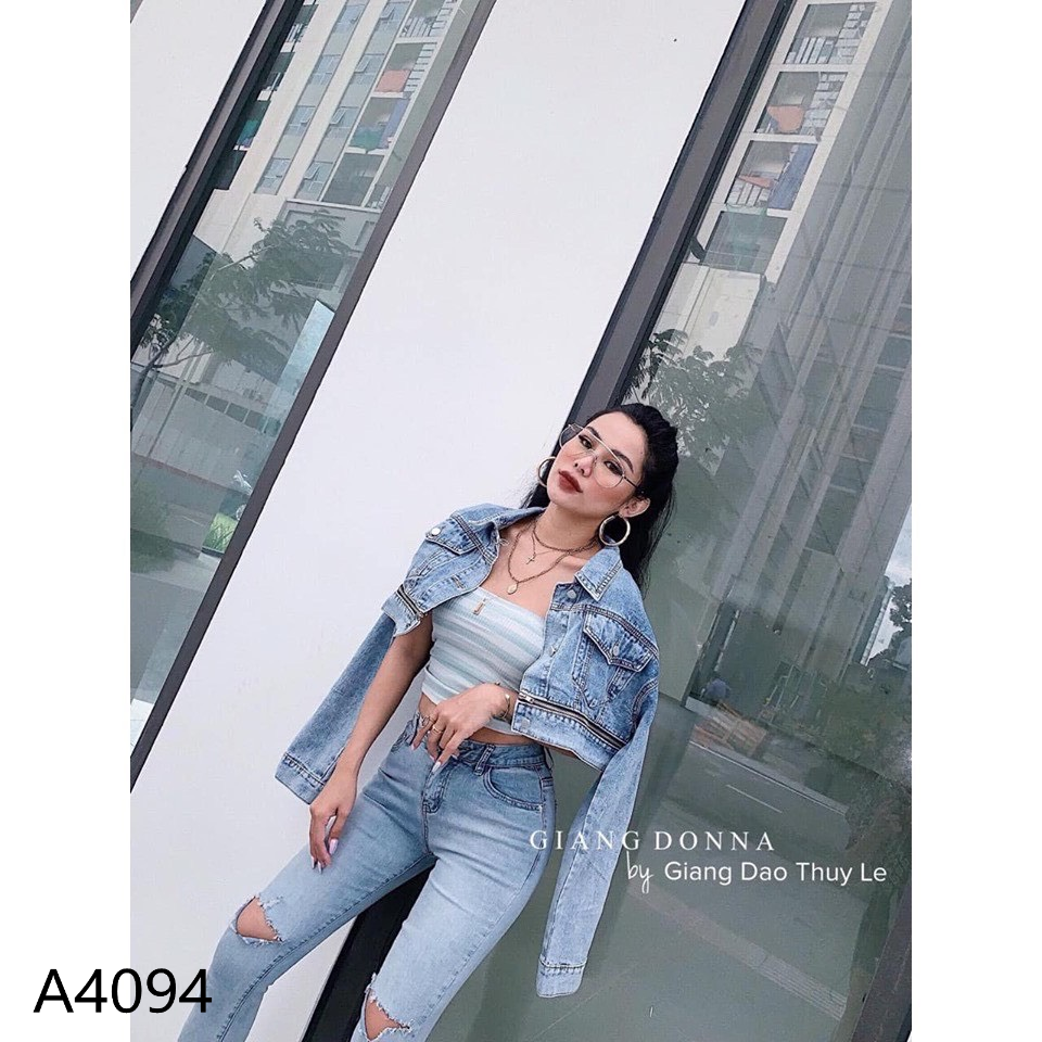Áo khoác jean ngắn dây kéo xanh A4094