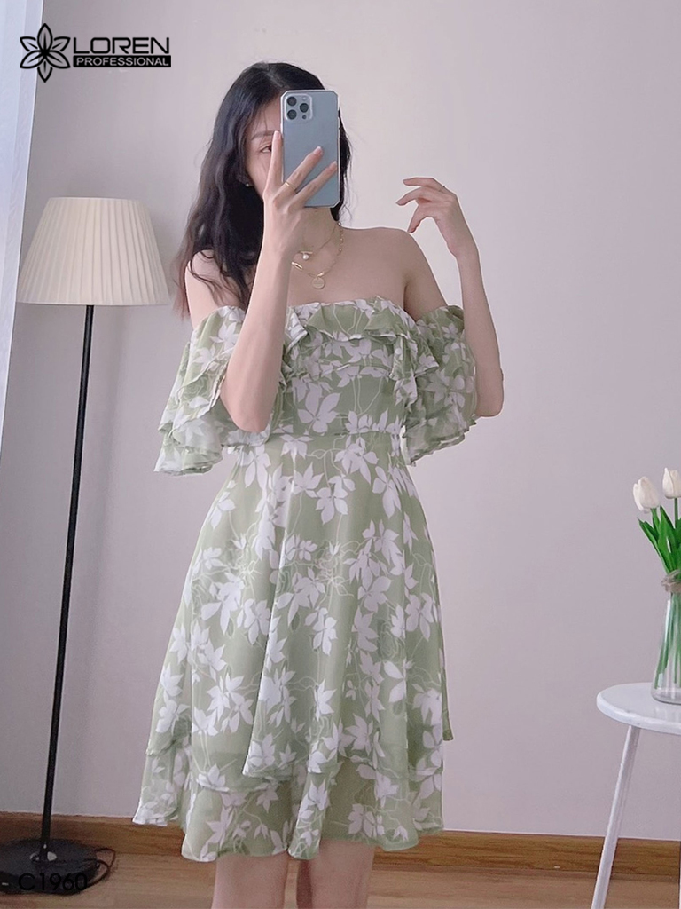 Đầm hoa nữ LOREN bẹt vại xanh bơ C1960