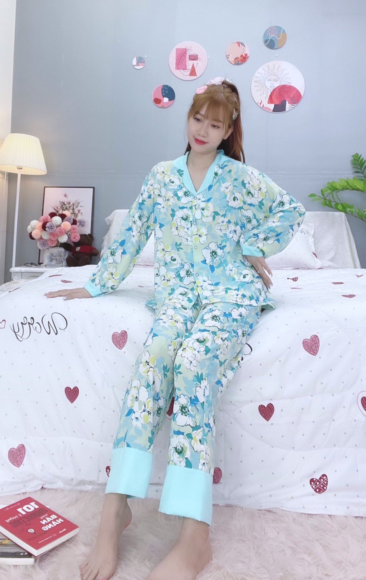 Đồ ngủ pijama dài phối cổ bèo xanh D1651