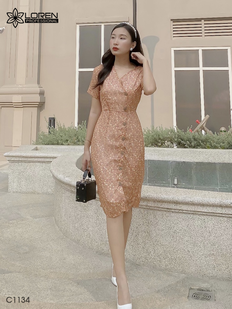 Đầm LOREN hoa nhí cam C1134