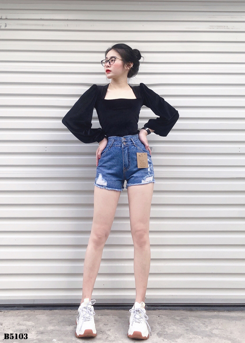 Quần jean short rách tua xanh B5103