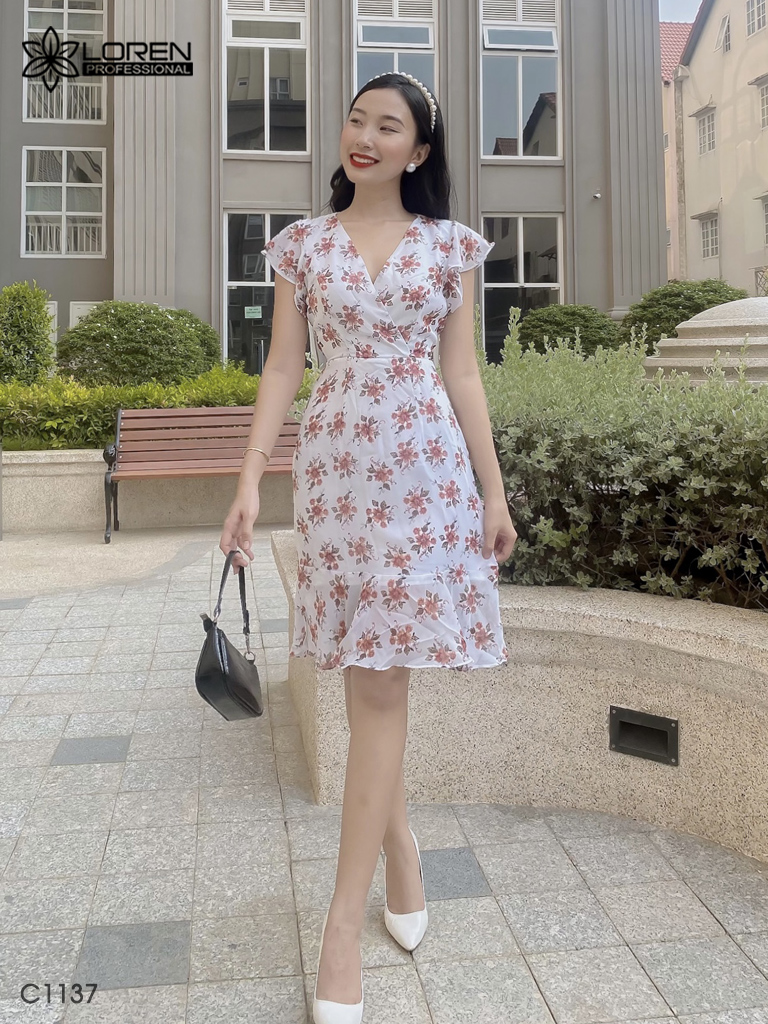 Đầm LOREN hoa xòe trắng C1137