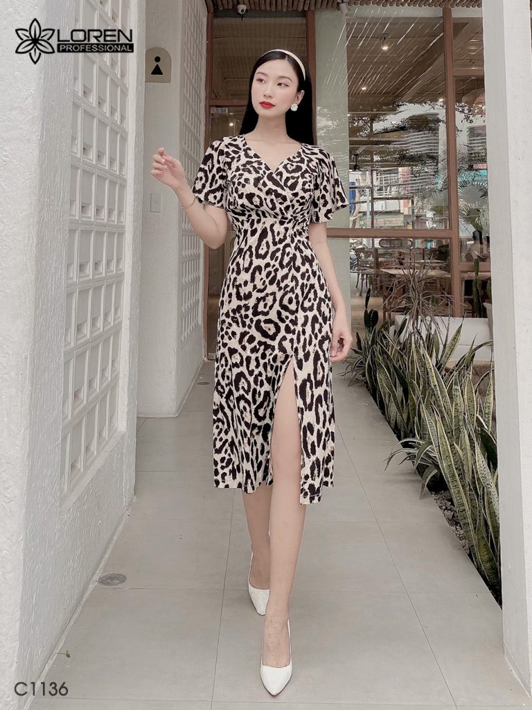 Đầm LOREN hoa vằn xẻ lai vàng C1136