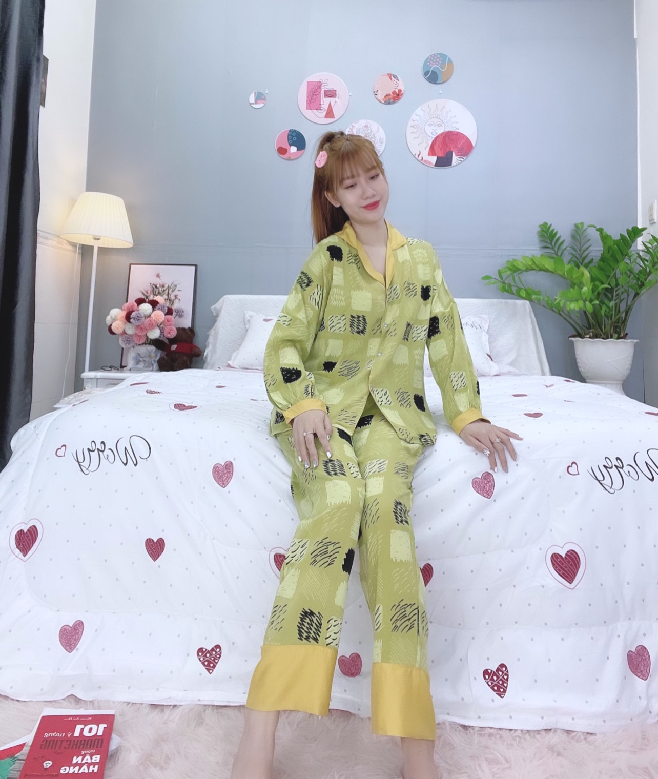 Đồ ngủ pijama dài phối cổ bèo xanh D1646