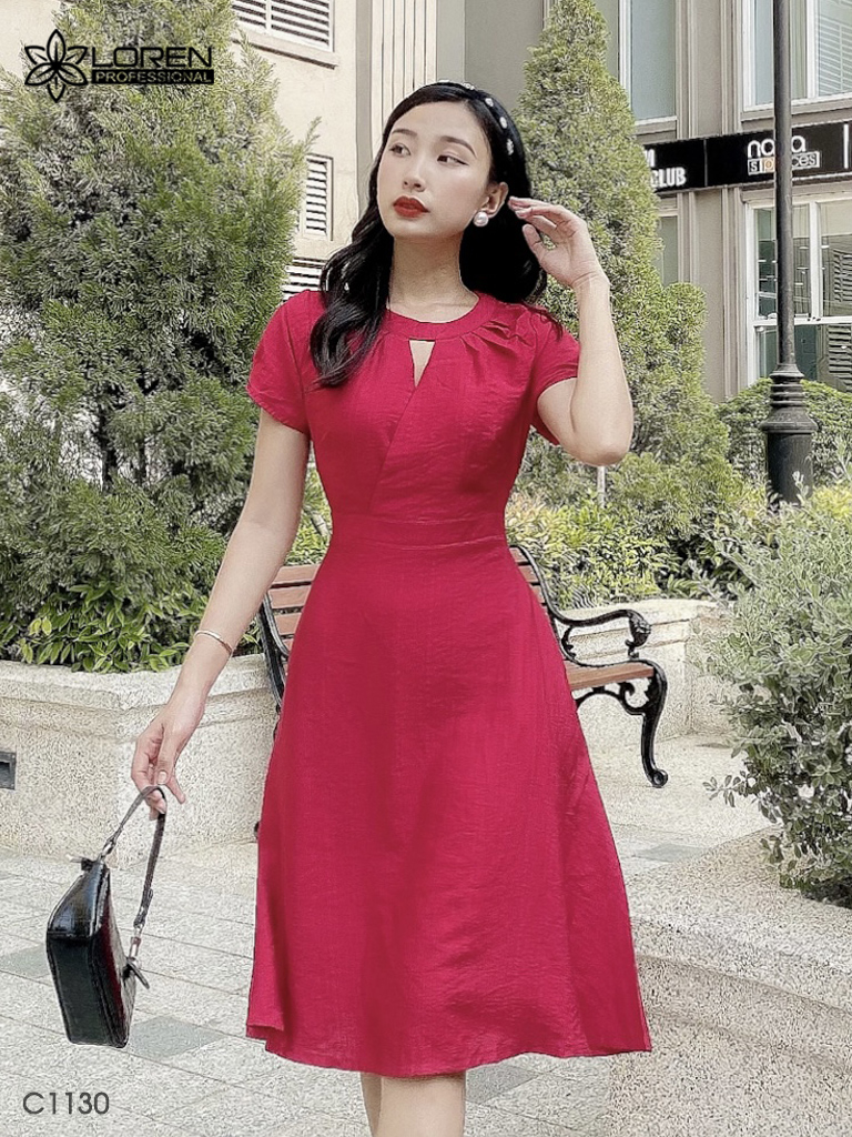 Đầm LOREN xòe cổ tròn đỏ C1130