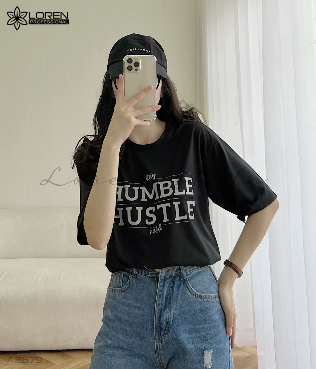 Áo thun nữ LOREN hình chữ đen A2679