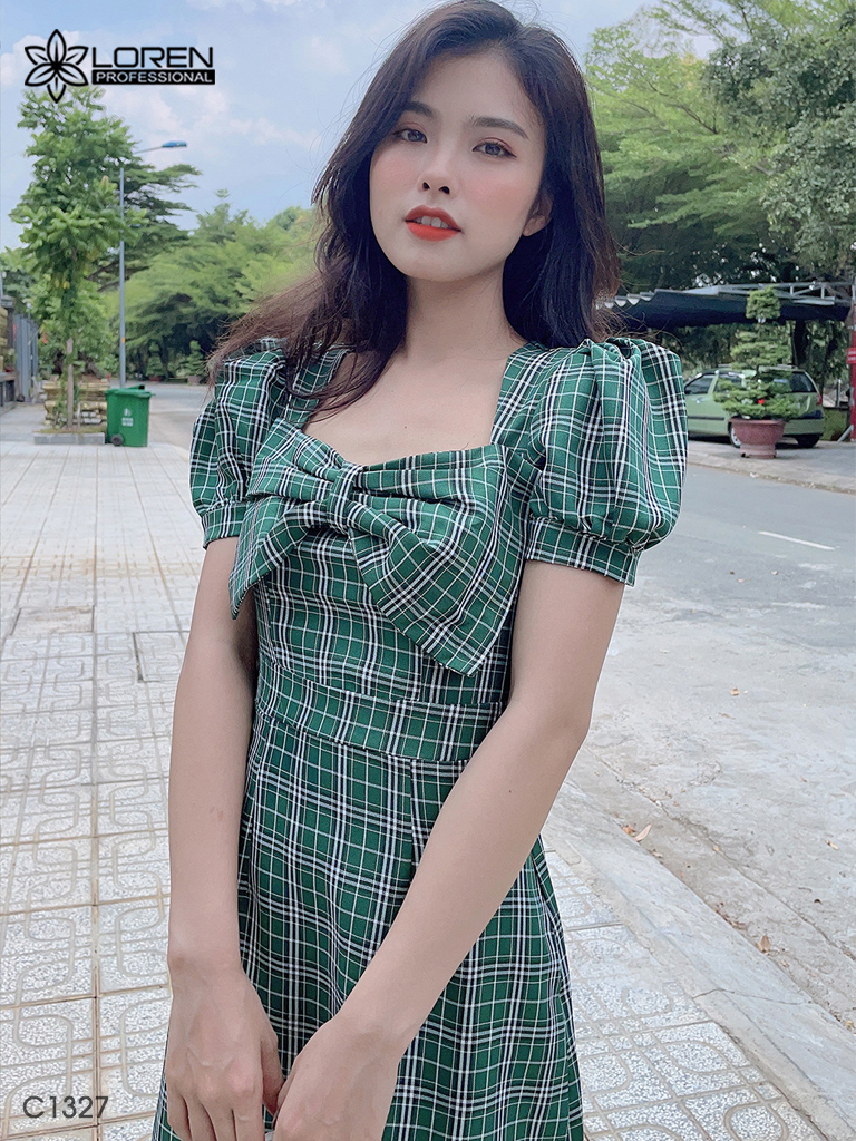 Đầm caro nơ xanh C1327