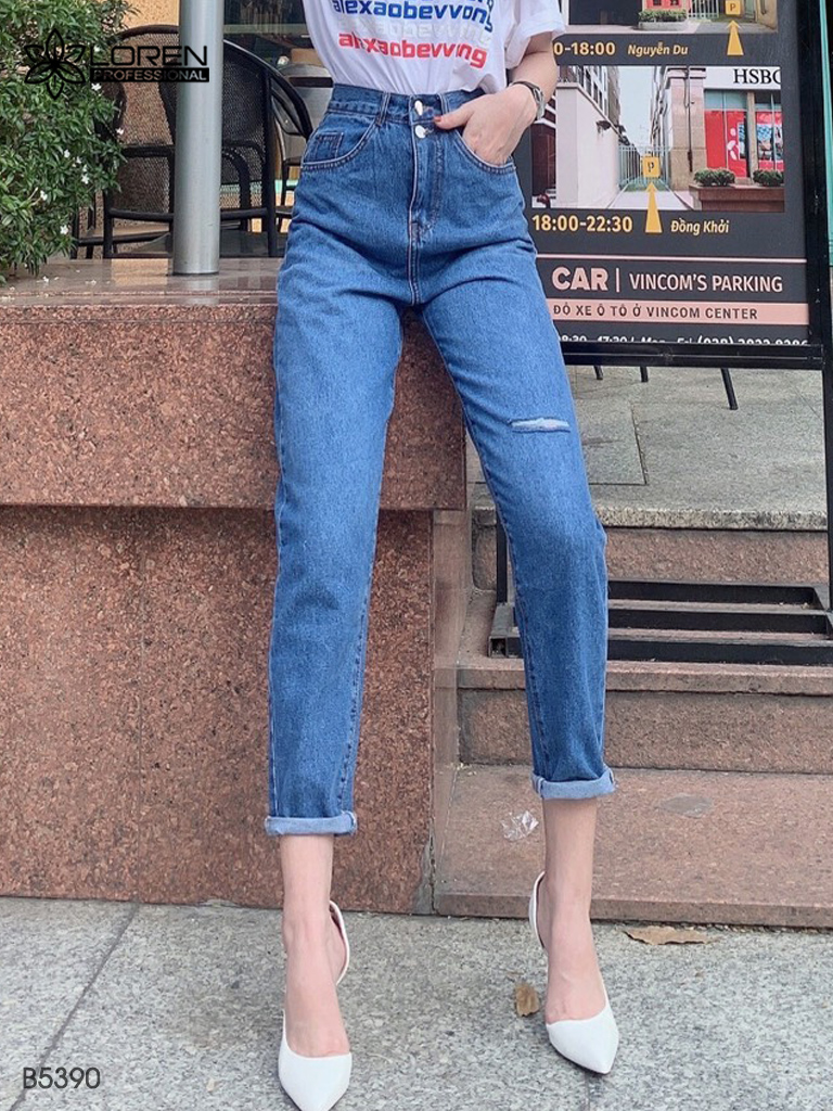 Quần jean baggy LOREN rách tua xanh B5390