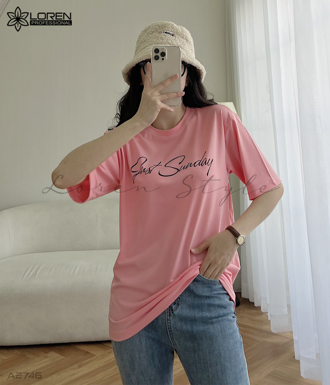 Áo thun nữ LOREN chữ Gust sunday hồng A2746