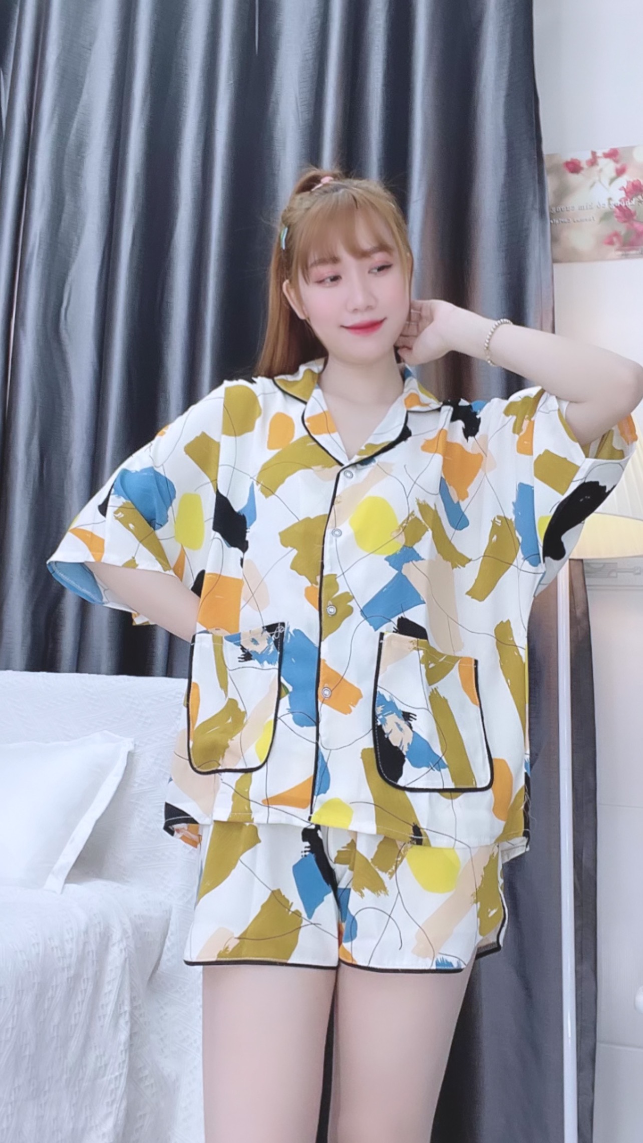 Đồ ngủ pijama ngắn phối màu kem D1731