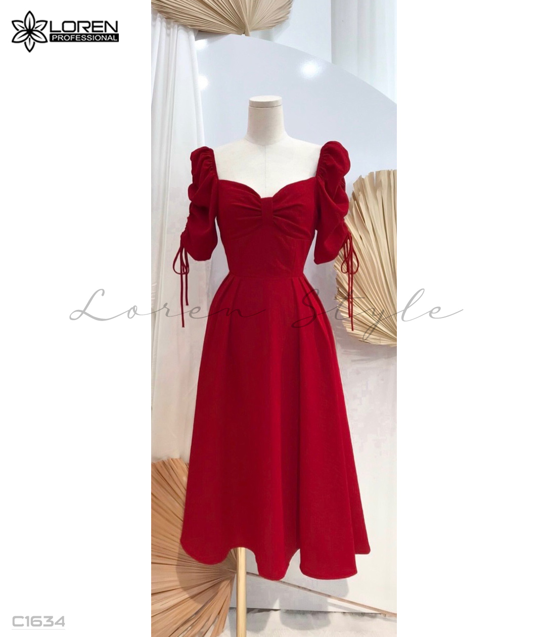 Đầm xoè tay cột nơ đỏ C1634