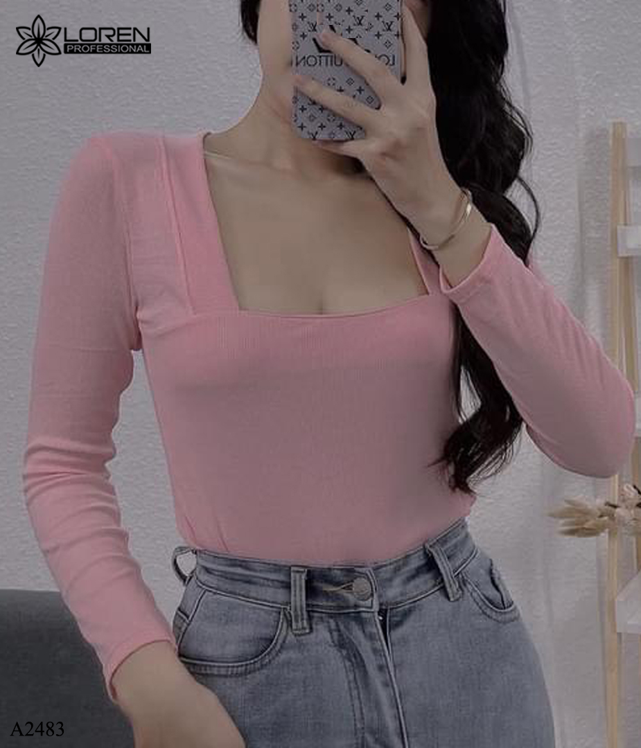 Áo thun nữ LOREN tay dài cổ vuông hồng A2483