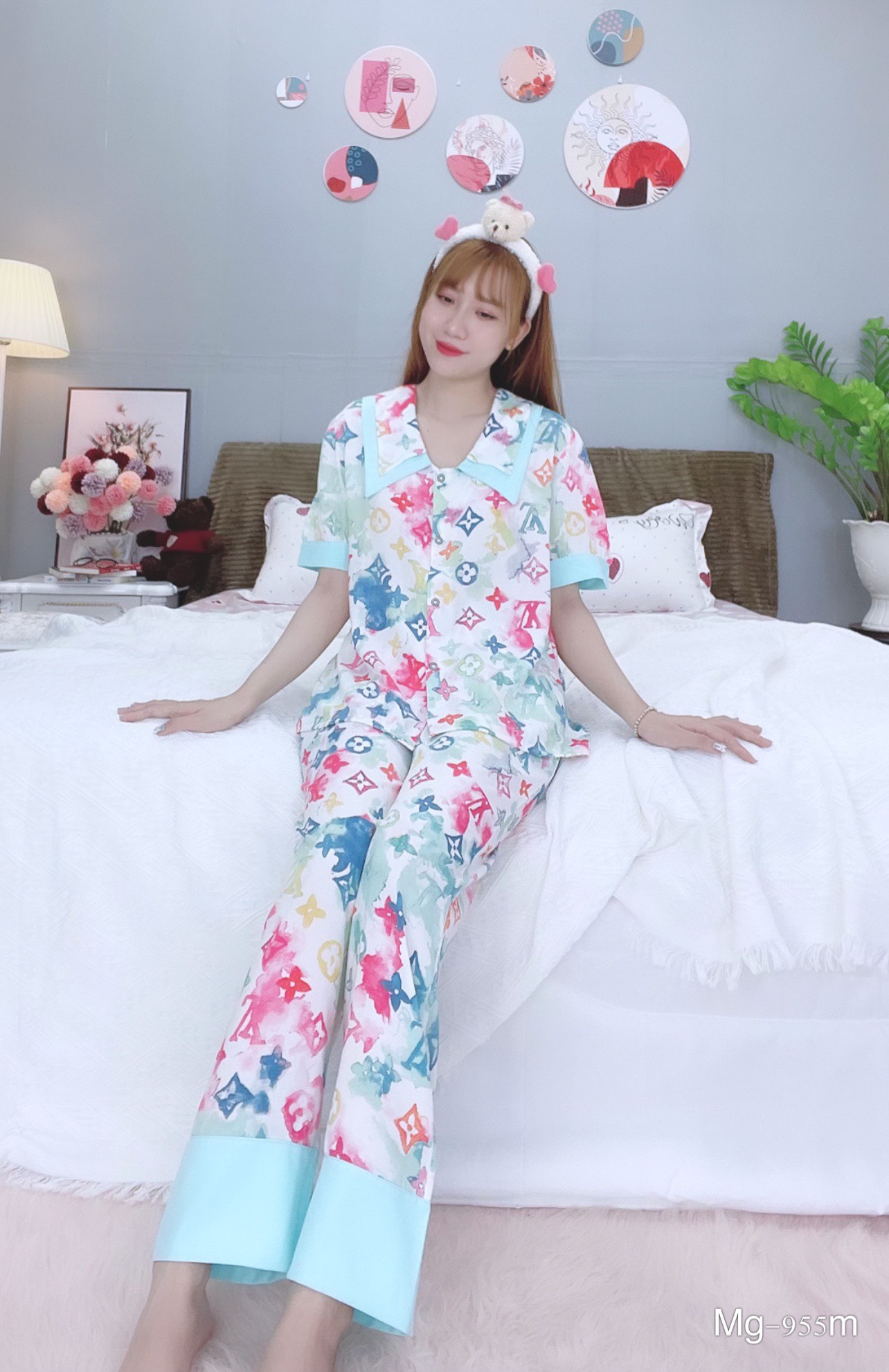 Đồ ngủ pijama tay ngắn quần dài xanh D1724