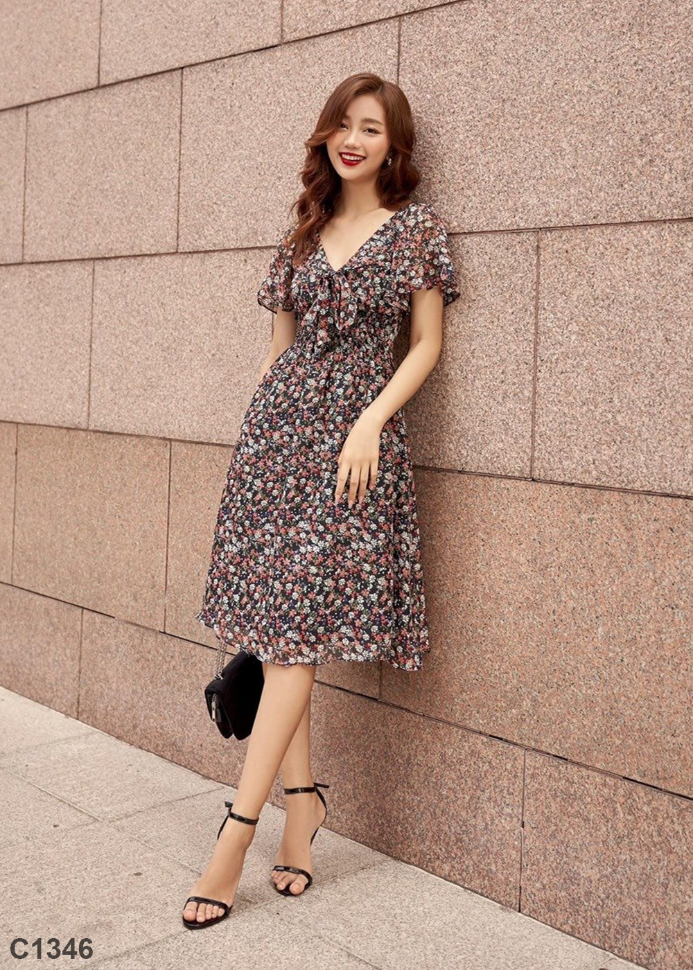 Đầm voan hoa xòe đen C1346