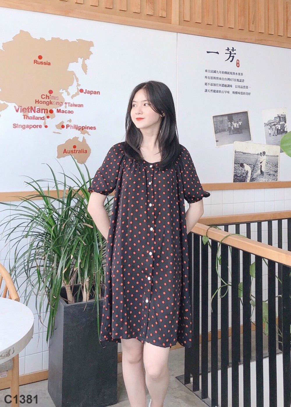 Đầm suông chấm bi đen C1381