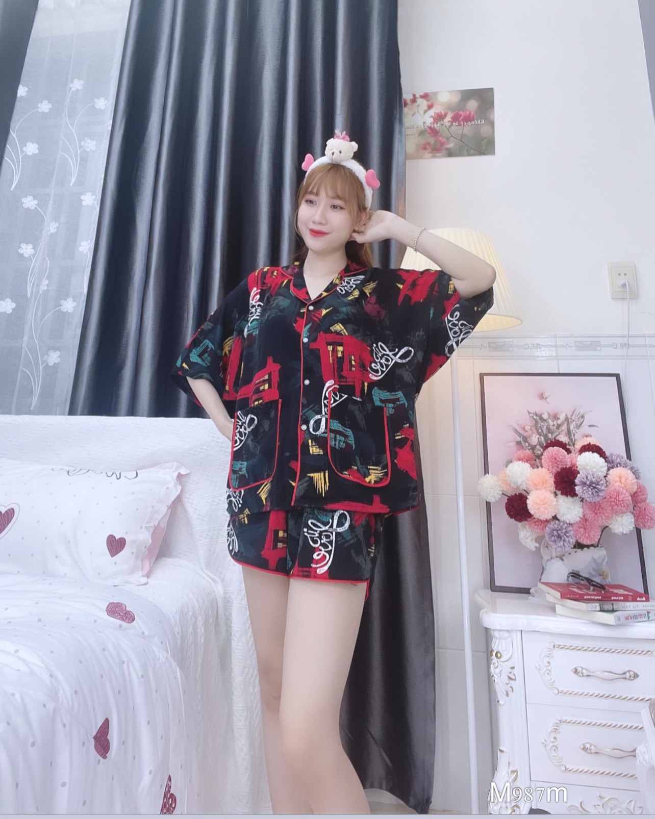 Đồ ngủ pijama ngắn phối màu đen D1726